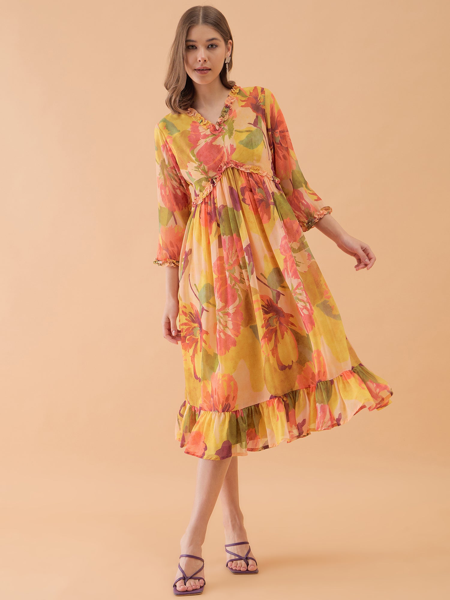 Yellow Floral Printed Frilled Midi Dress