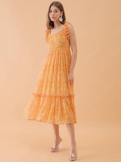 Yellow floral print Georgette Fit & Flare Midi Dress