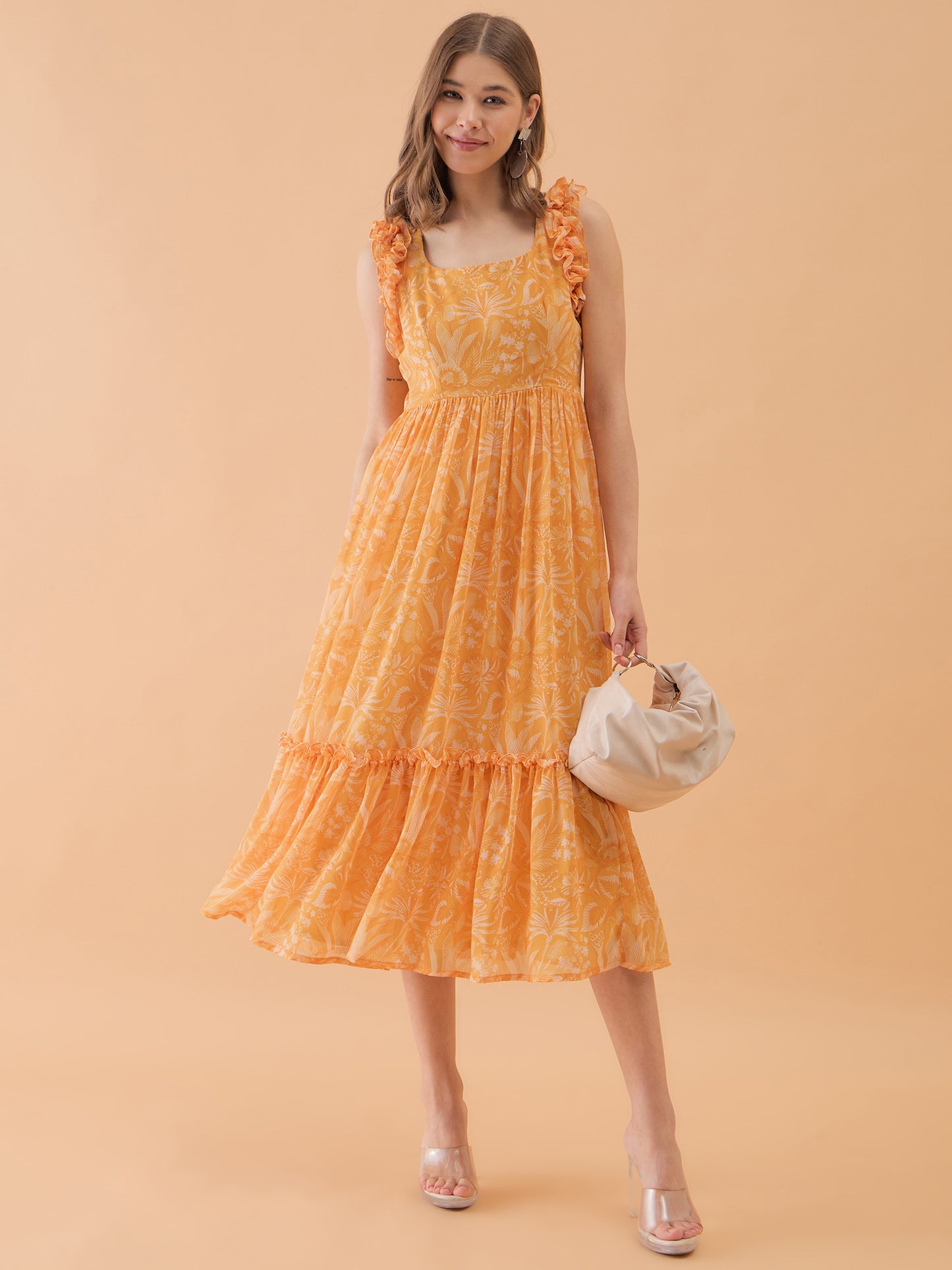 Yellow floral print Georgette Fit & Flare Midi Dress