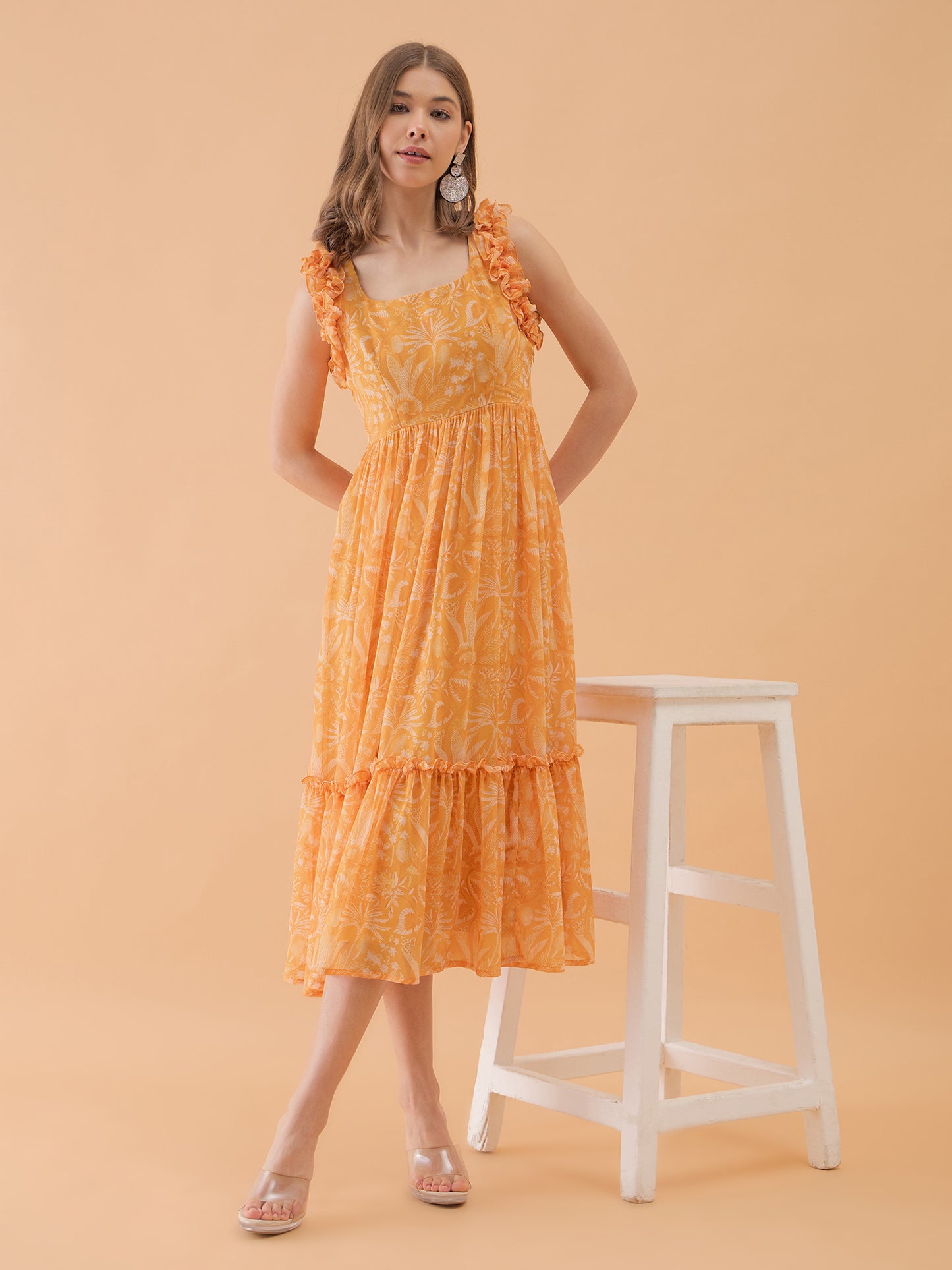 Yellow floral print Georgette Fit & Flare Midi Dress