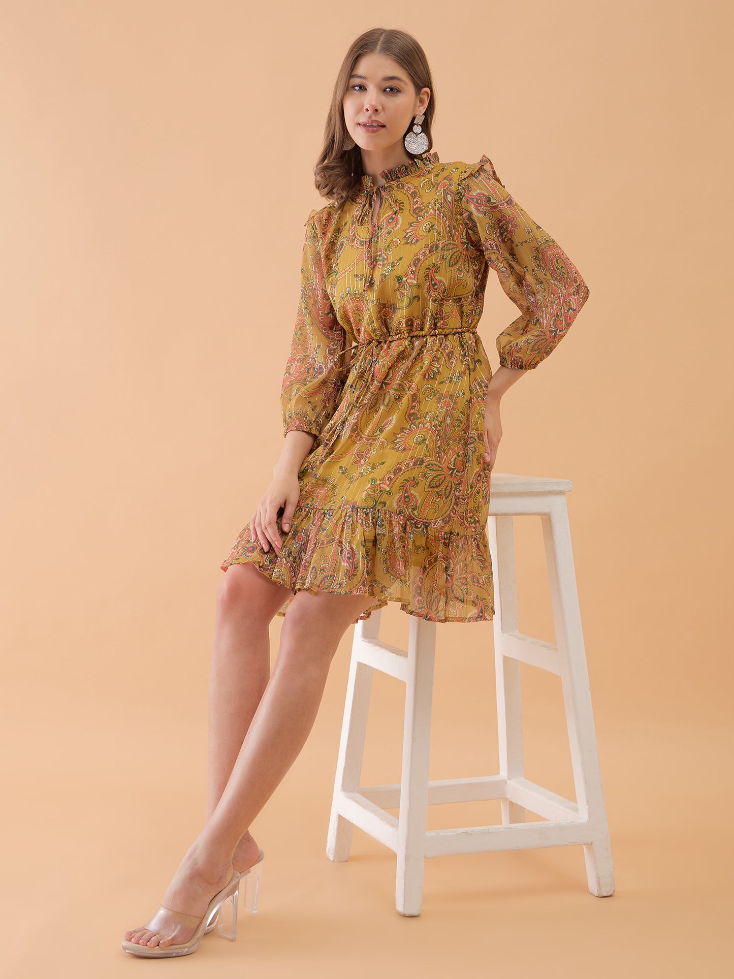 Musterd Yellow Floral Printed Flared Dress