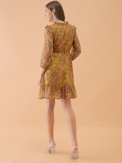 Musterd Yellow Floral Printed Flared Dress