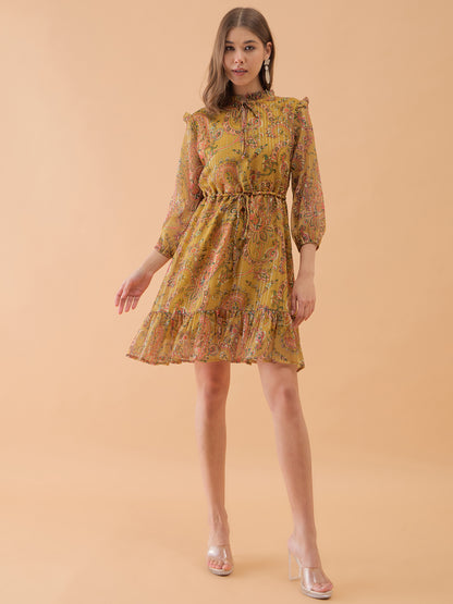 Musterd Yellow Floral Printed Flared Dress