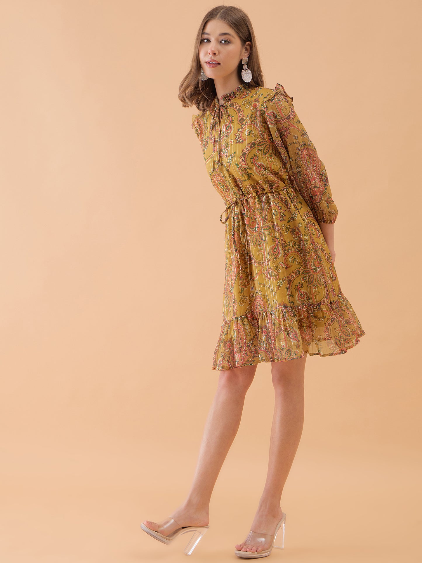 Musterd Yellow Floral Printed Flared Dress