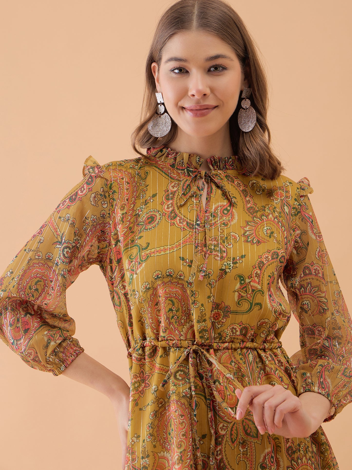 Musterd Yellow Floral Printed Flared Dress