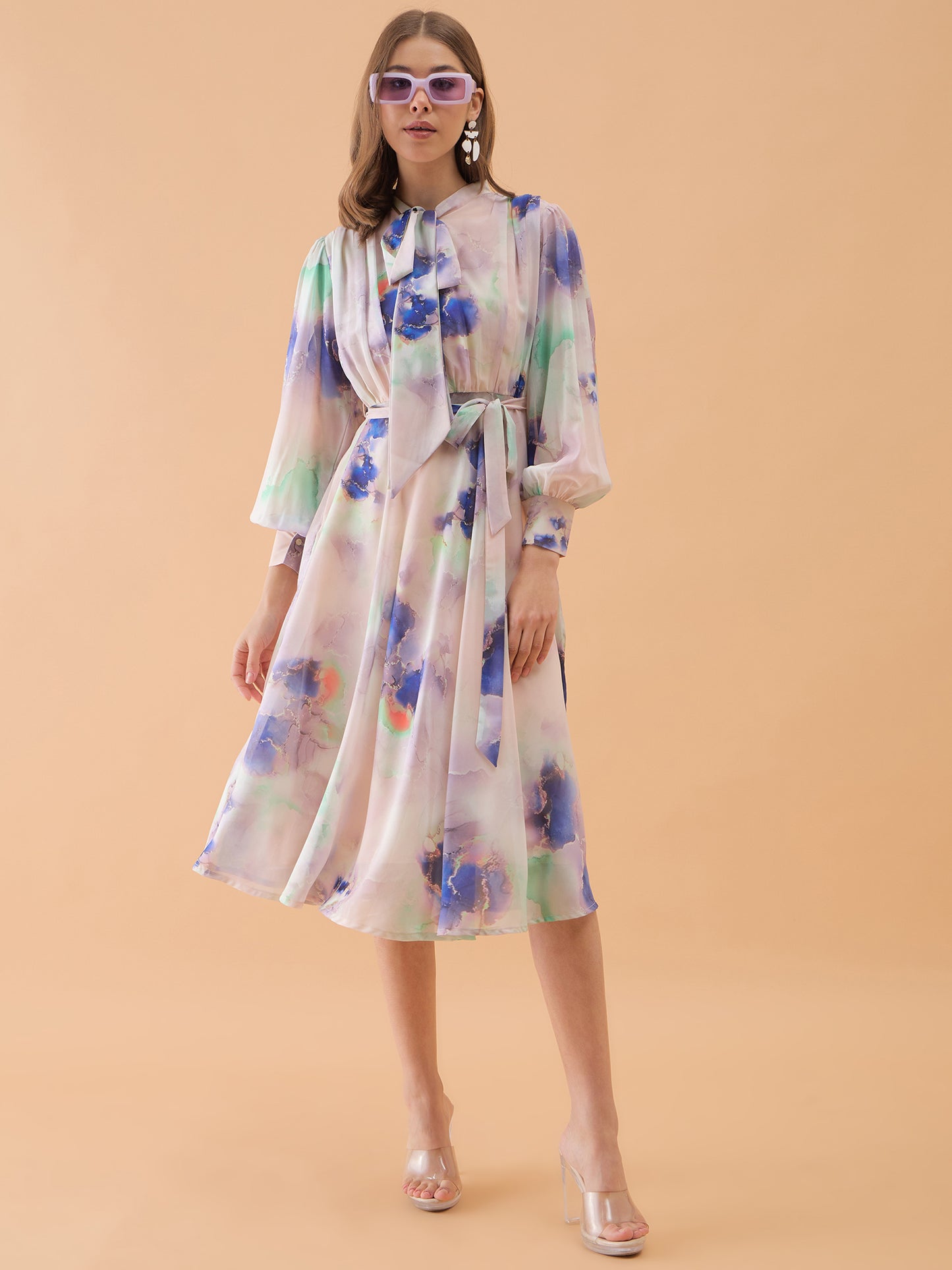 White Abstract Printed A-Line Dress