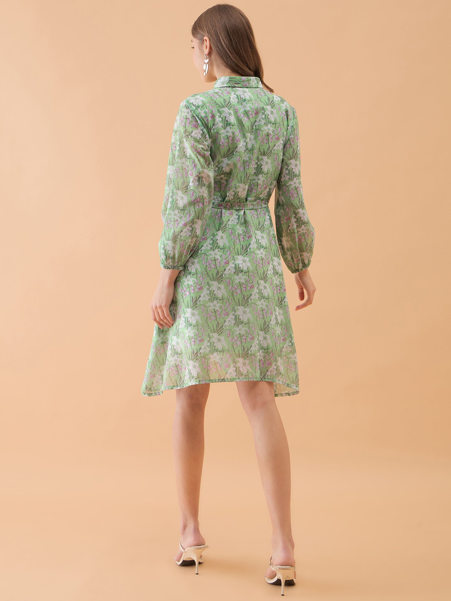 Parrot Green Floral Printed Shirt Dress