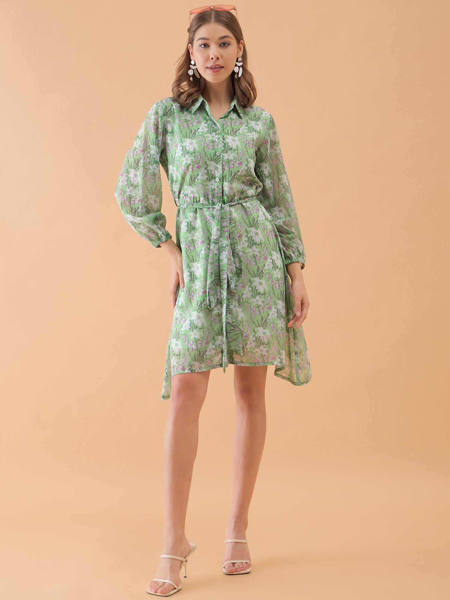 Parrot Green Floral Printed Shirt Dress