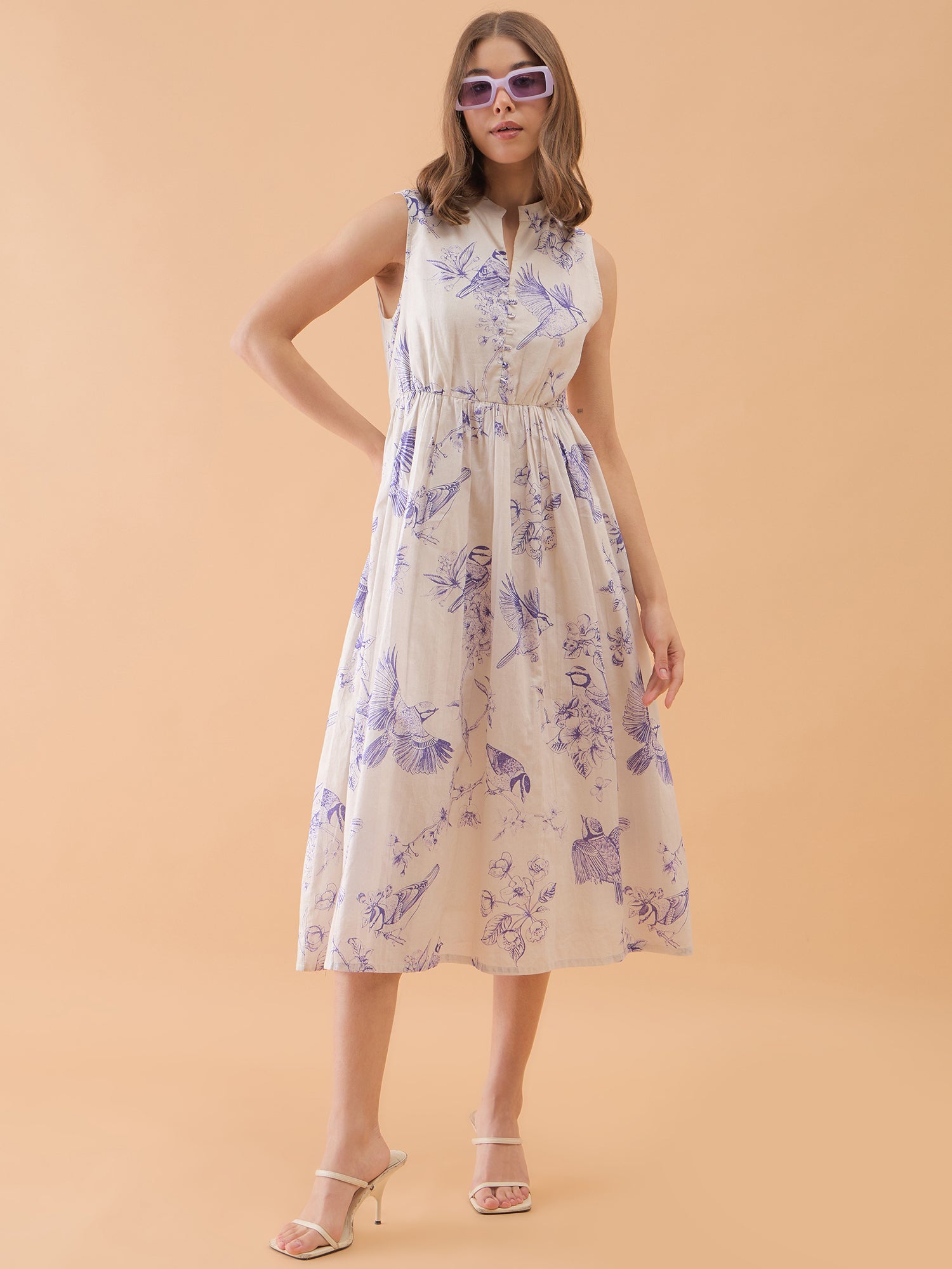 White Floral Printed Flared Dress