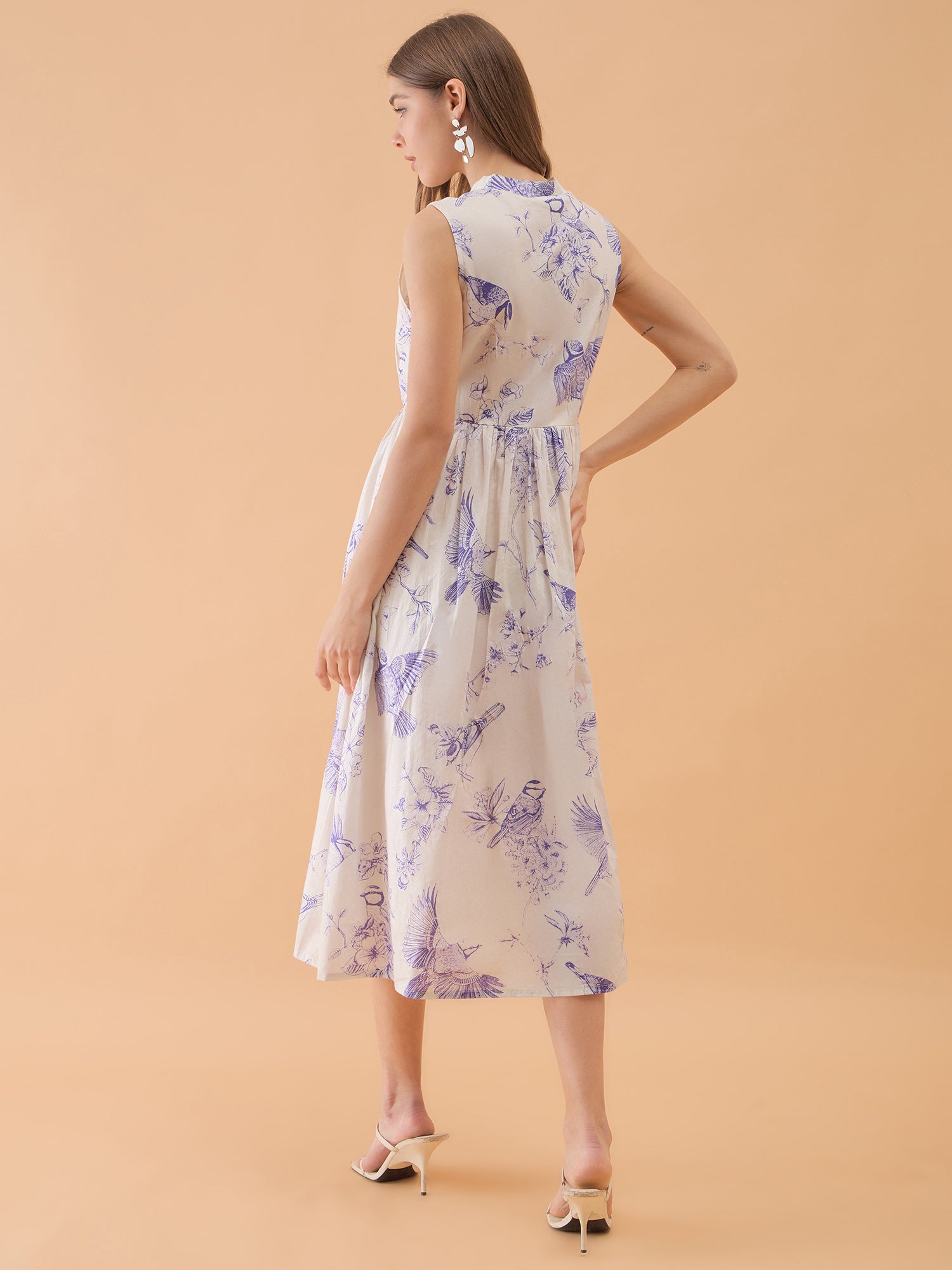 White Floral Printed Flared Dress