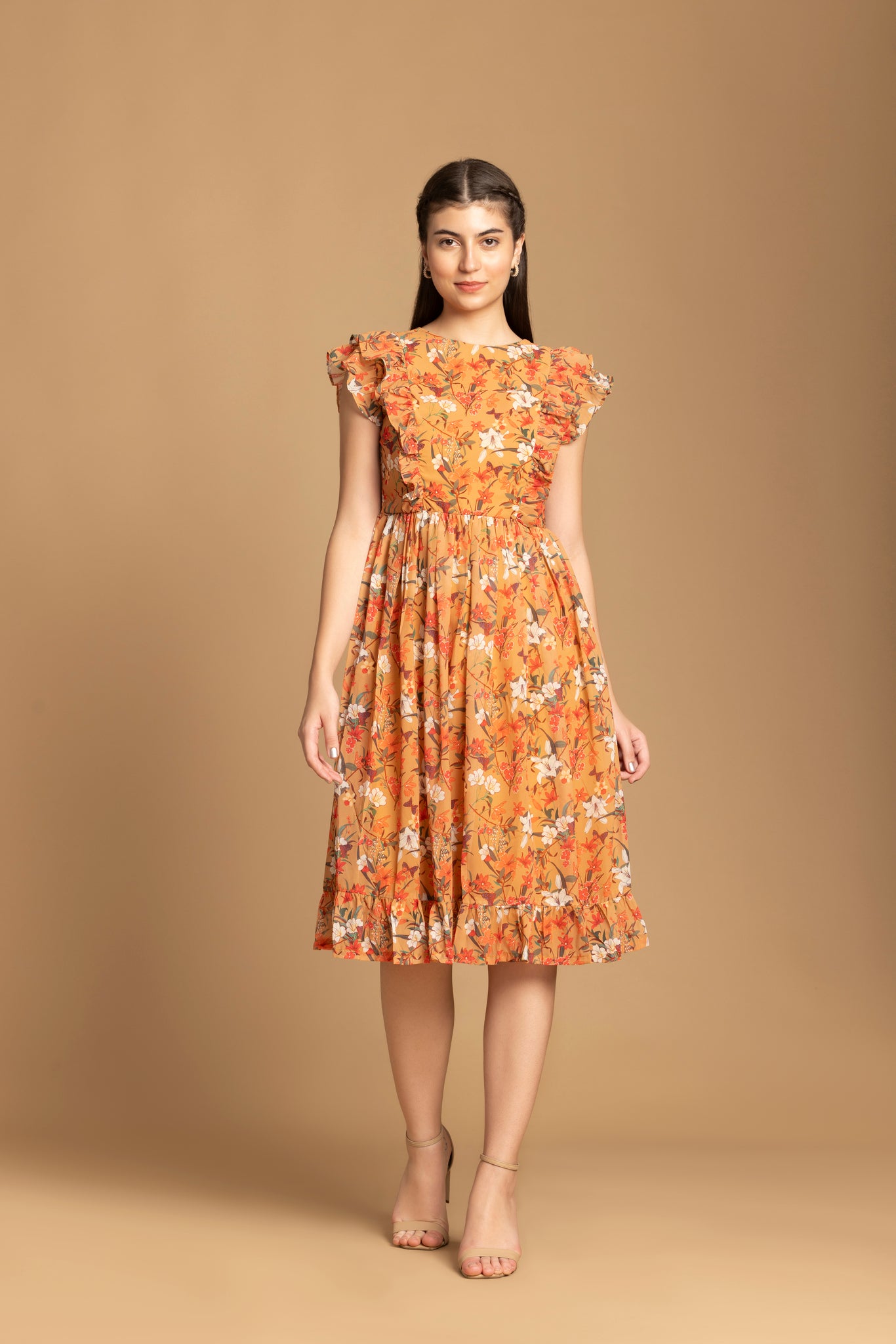 Musturd Color Floral Printed Ruffle Sleeve Dress