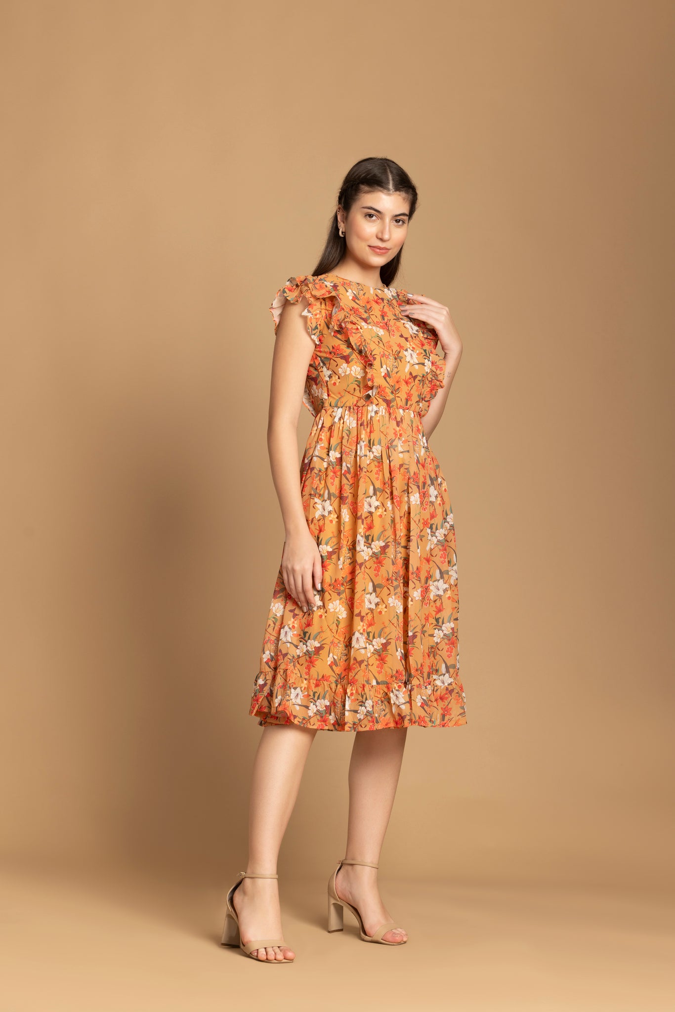 Musturd Color Floral Printed Ruffle Sleeve Dress