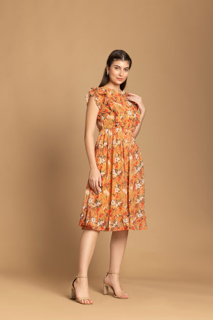 Musturd Color Floral Printed Ruffle Sleeve Dress