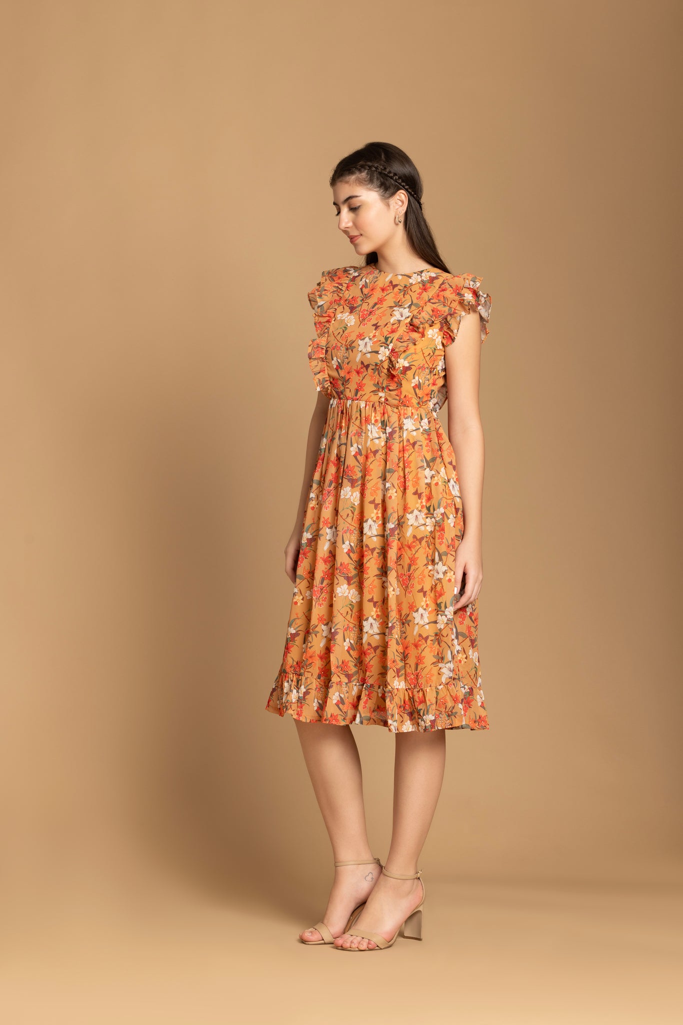 Musturd Color Floral Printed Ruffle Sleeve Dress