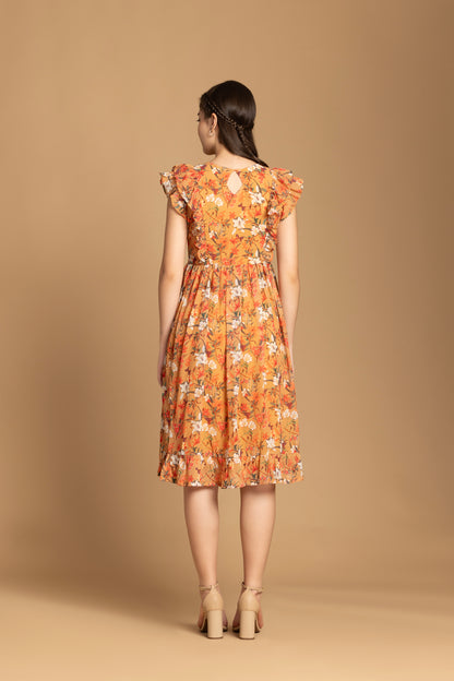 Musturd Color Floral Printed Ruffle Sleeve Dress