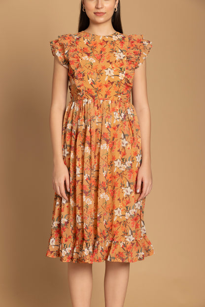 Musturd Color Floral Printed Ruffle Sleeve Dress