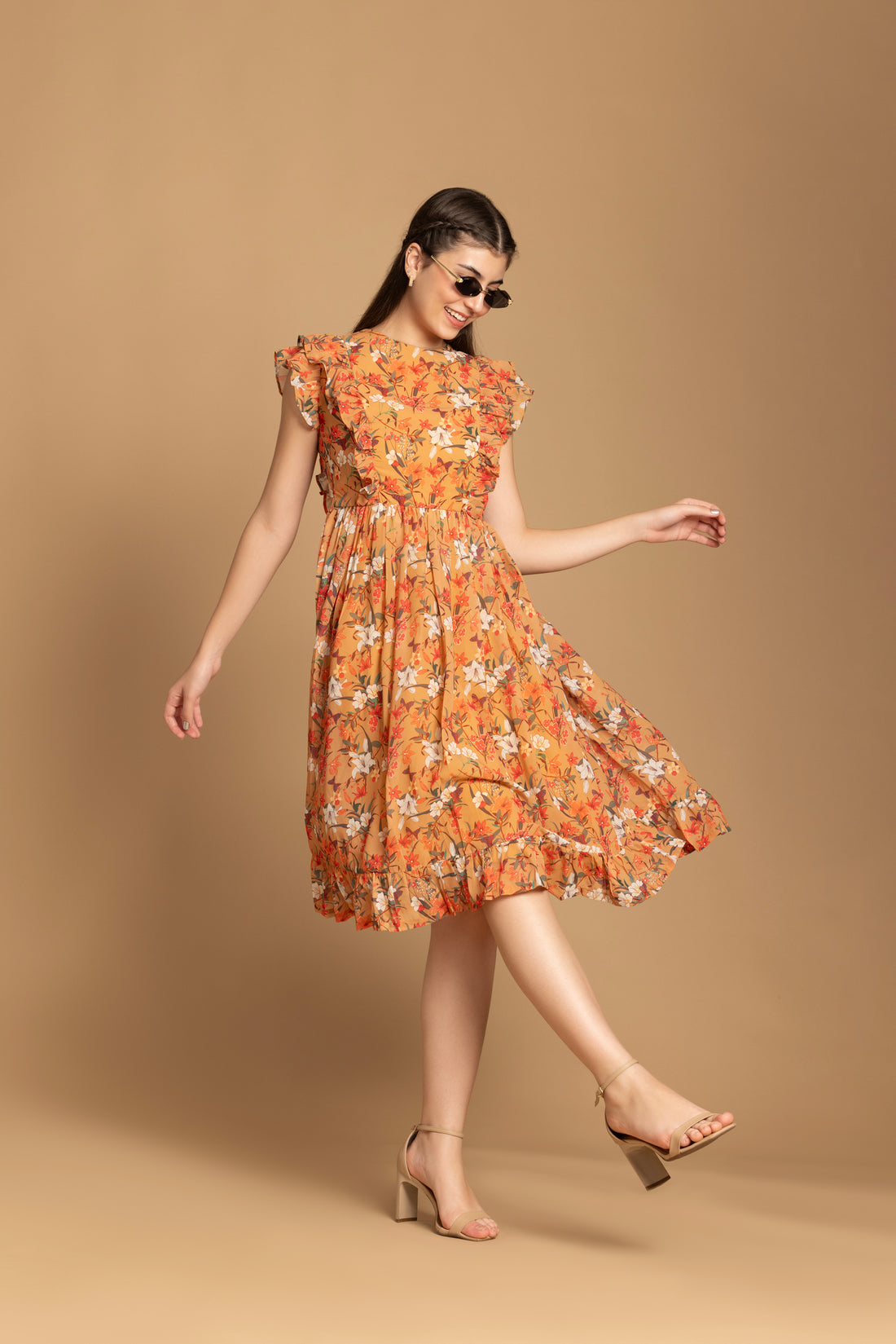 Musturd Color Floral Printed Ruffle Sleeve Dress OCTICS