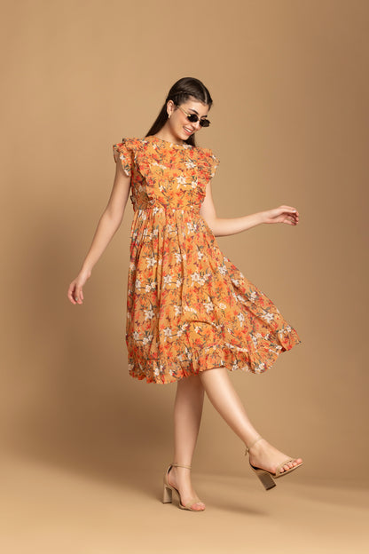 Musturd Color Floral Printed Ruffle Sleeve Dress