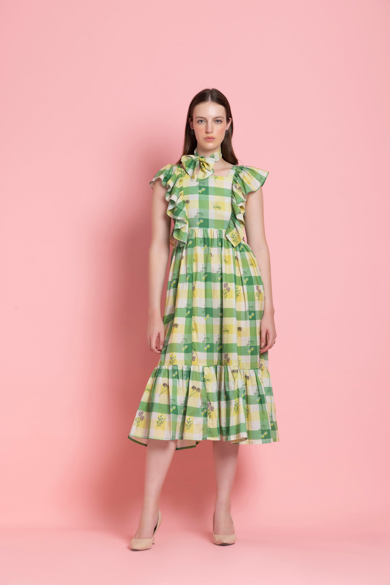 Green Geomatric Printed Fit & Flared Dress