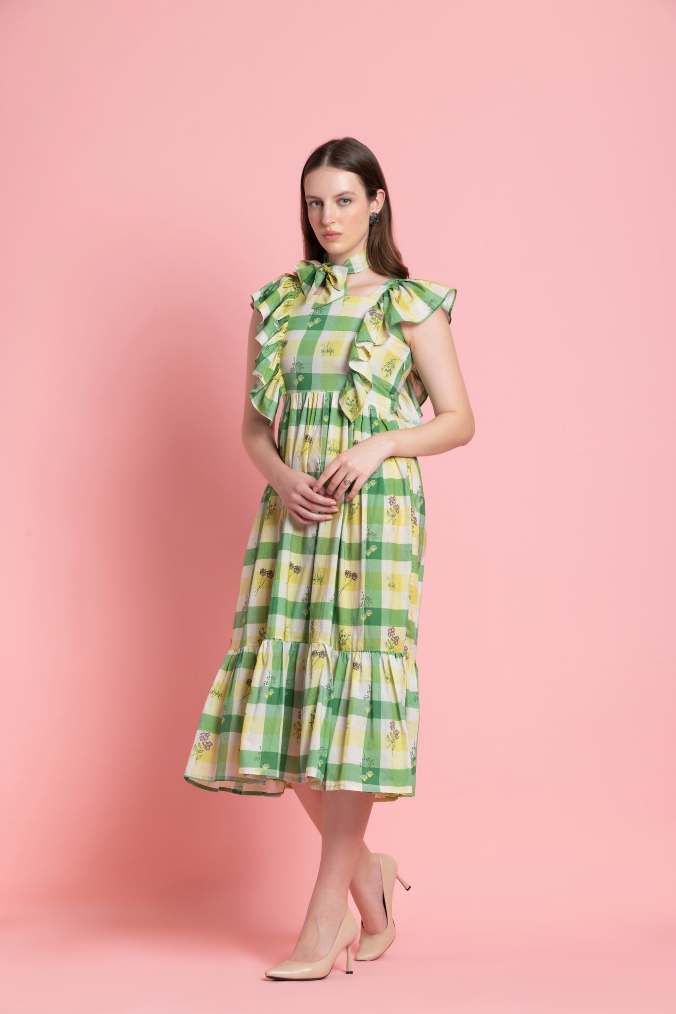 Green Geomatric Printed Fit & Flared Dress