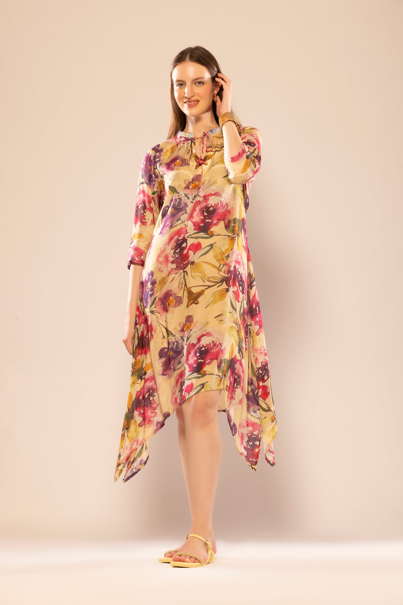 Yellow Floral Printed A-Line Dress