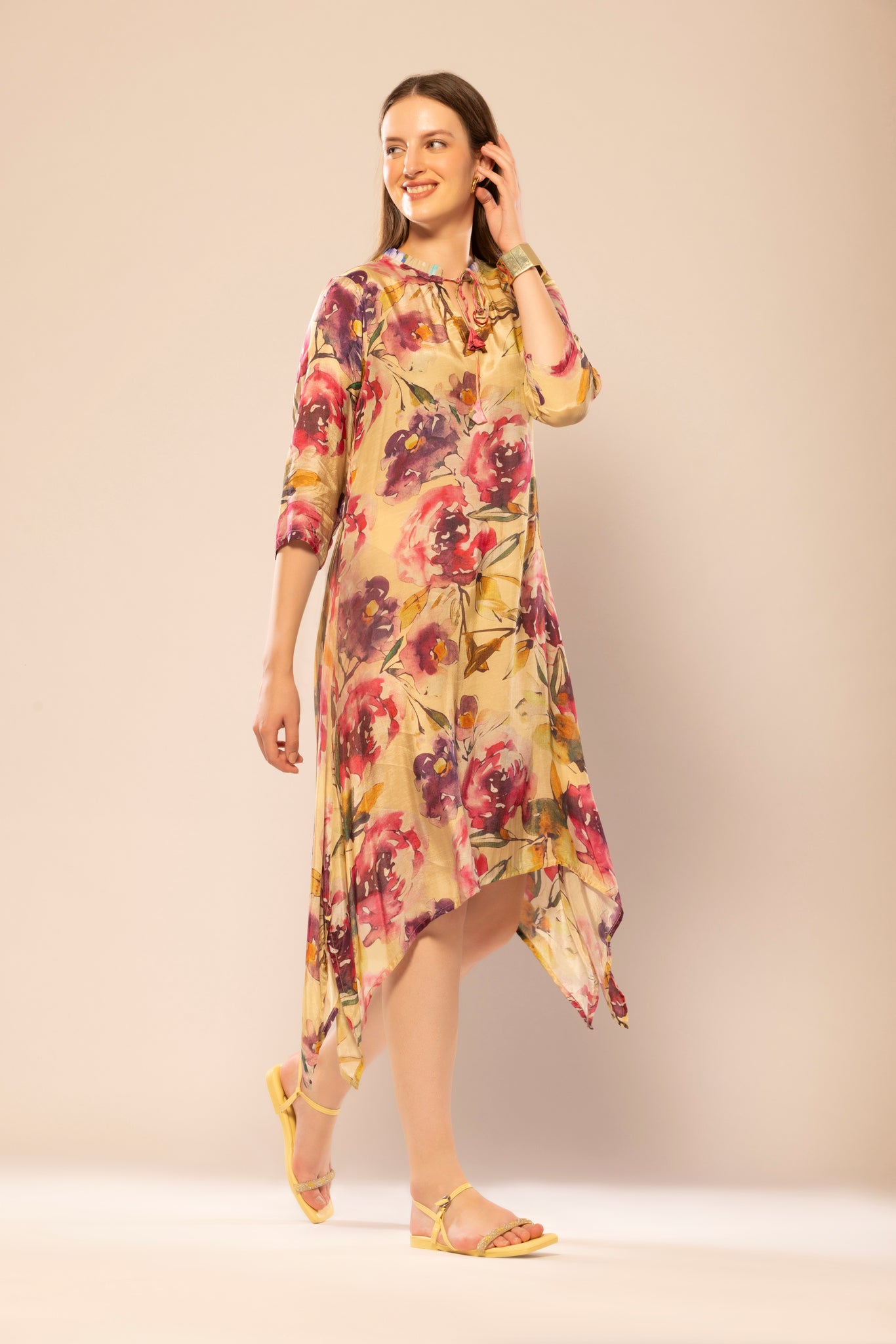 Yellow Floral Printed A-Line Dress