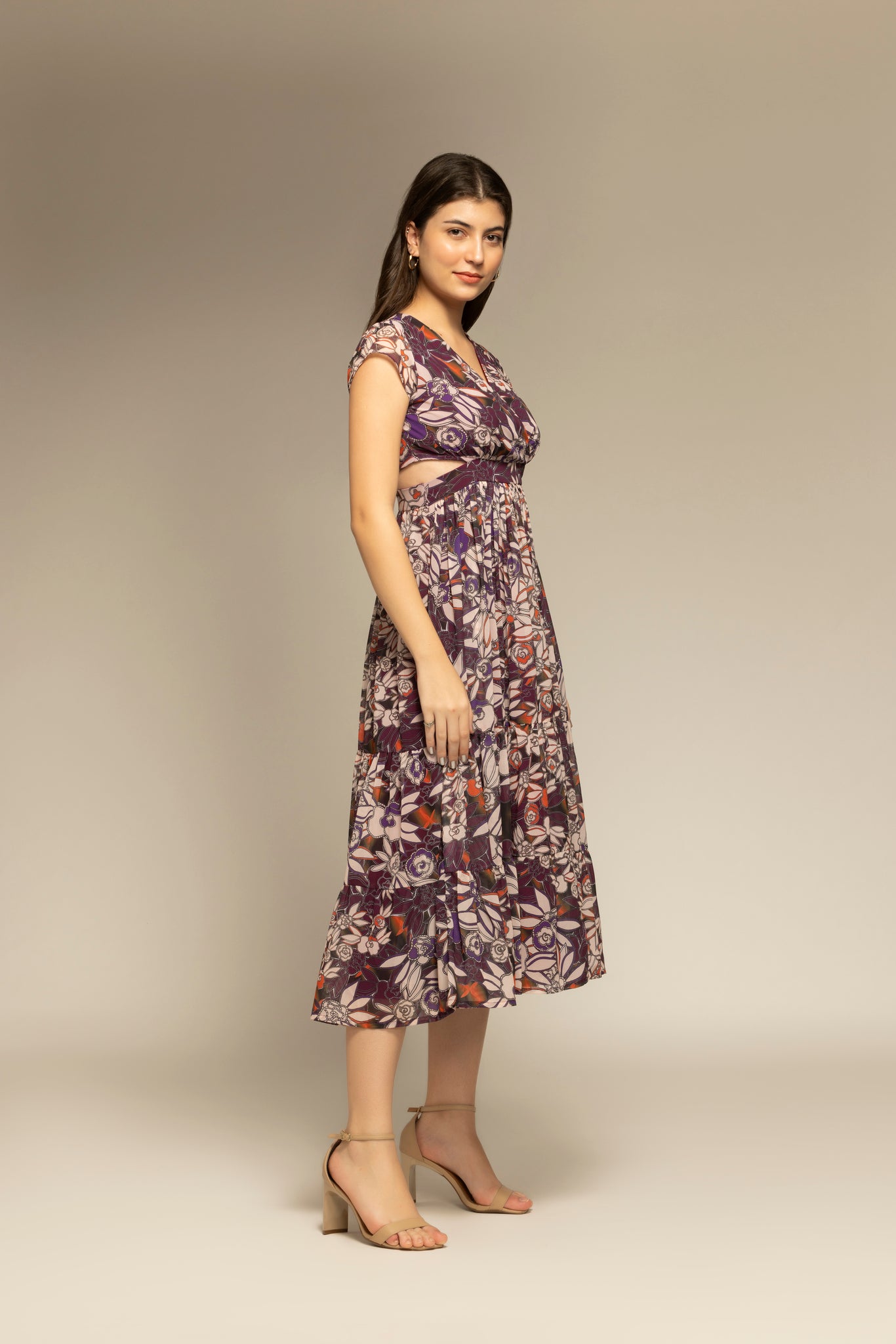 Purple Floral Printed Cut-Out Maxi Dress