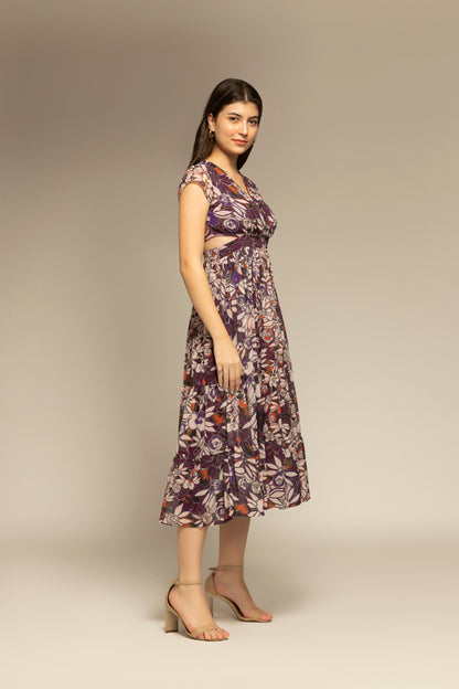 Purple Floral Printed Cut-Out Maxi Dress