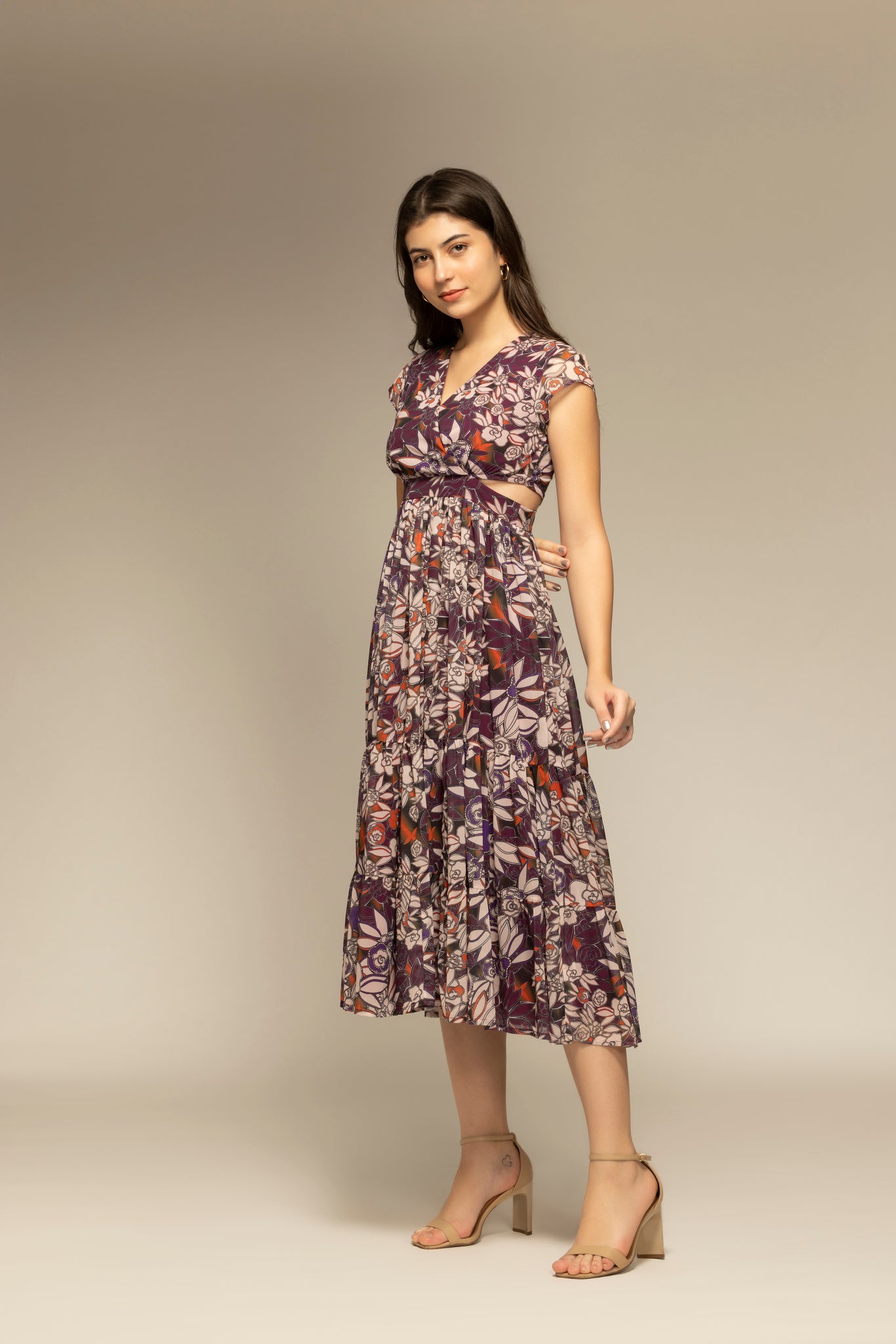 Purple Floral Printed Cut-Out Maxi Dress