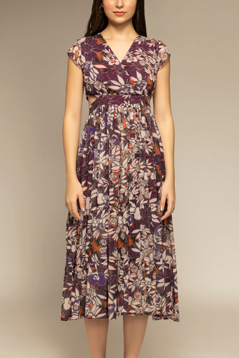 Purple Floral Printed Cut-Out Maxi Dress