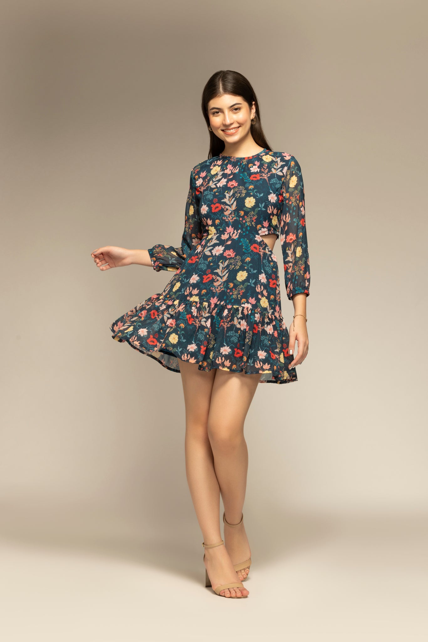 Teal Blue Flared CutOut Tiered Mini Dress