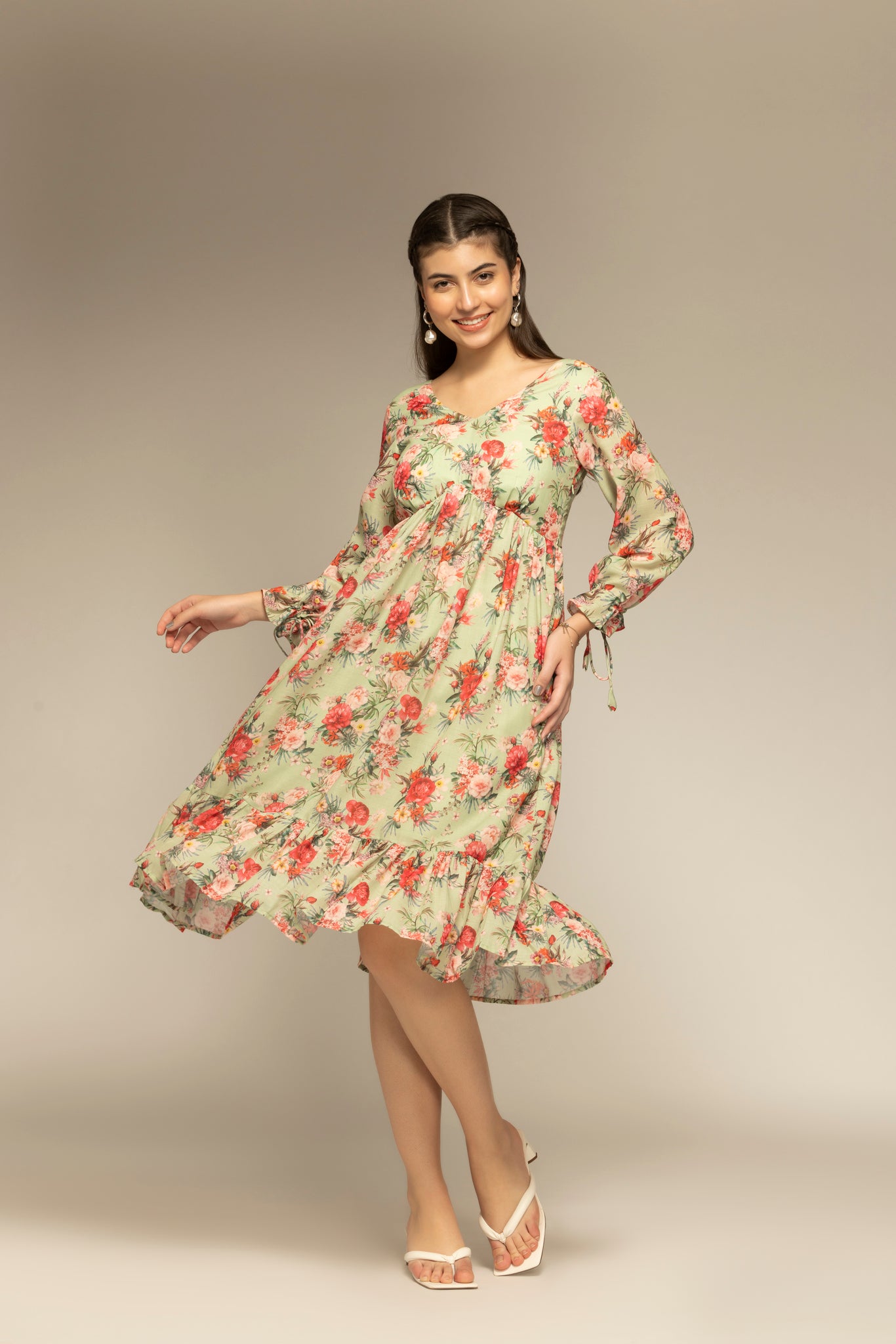 Parrot Green Floral Printed Flared Dress
