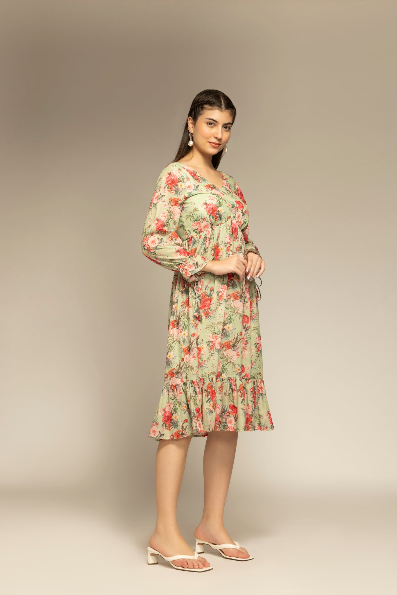 Parrot Green Floral Printed Flared Dress