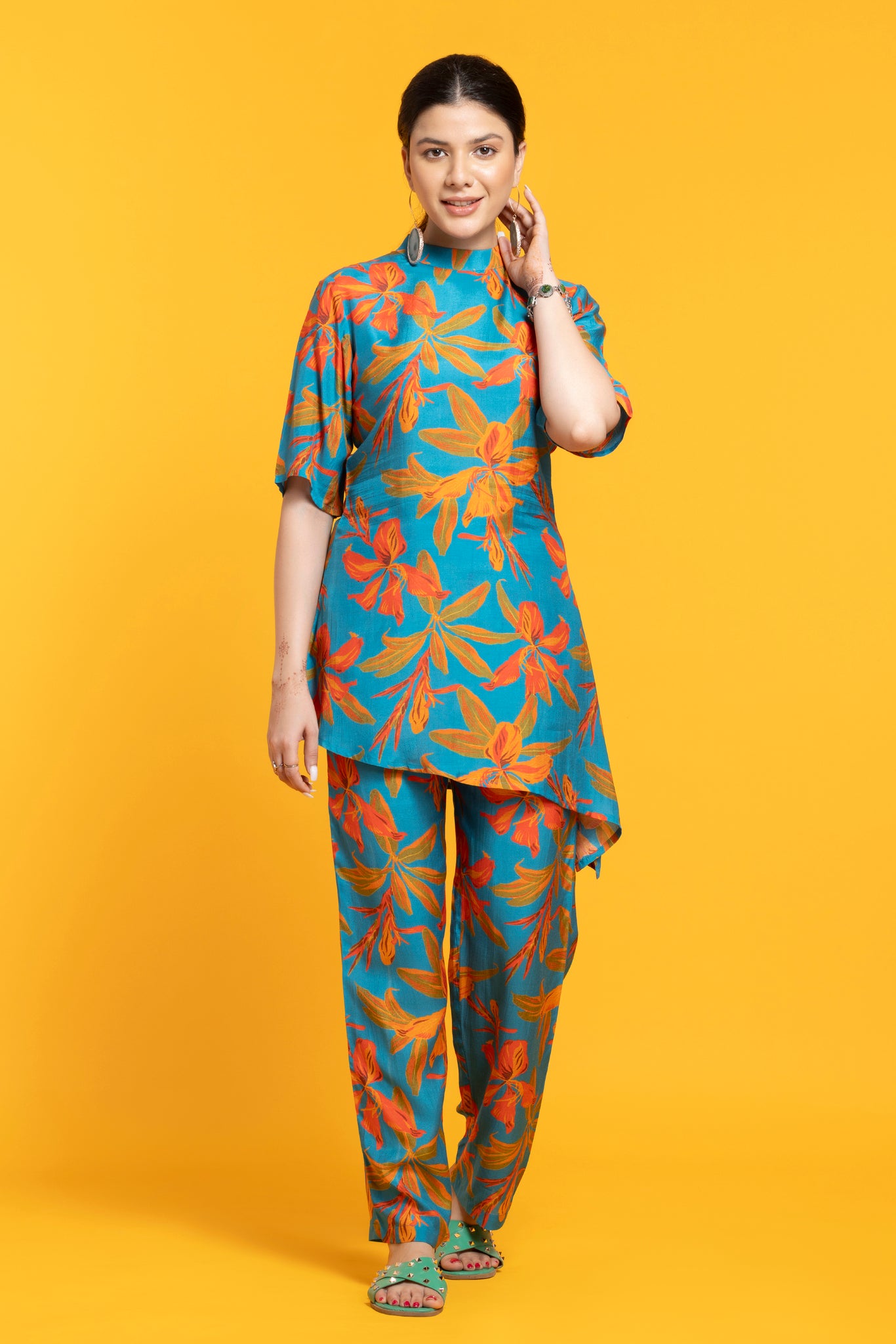 Ocean Blue Floral Printed One-Sided Top Co-Ords Set