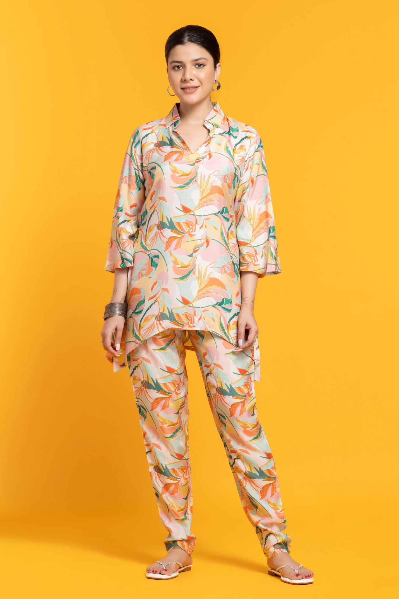 Abstract Floral Printed Ivory Co-Ords Set