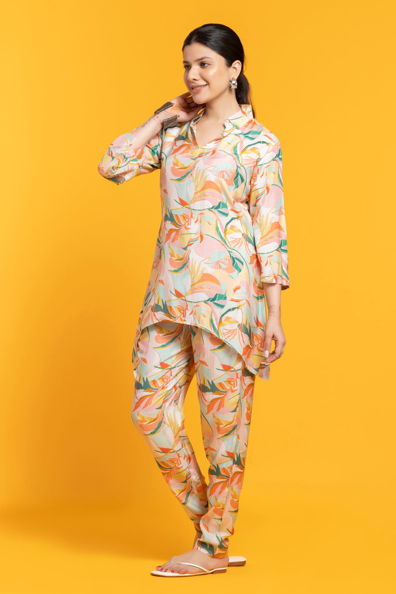 Abstract Floral Printed Ivory Co-Ords Set