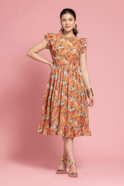 Musturd Color Floral Printed Ruffle Sleeve Dress looks very Beautiful Grab Your sityle Now | OCTICS