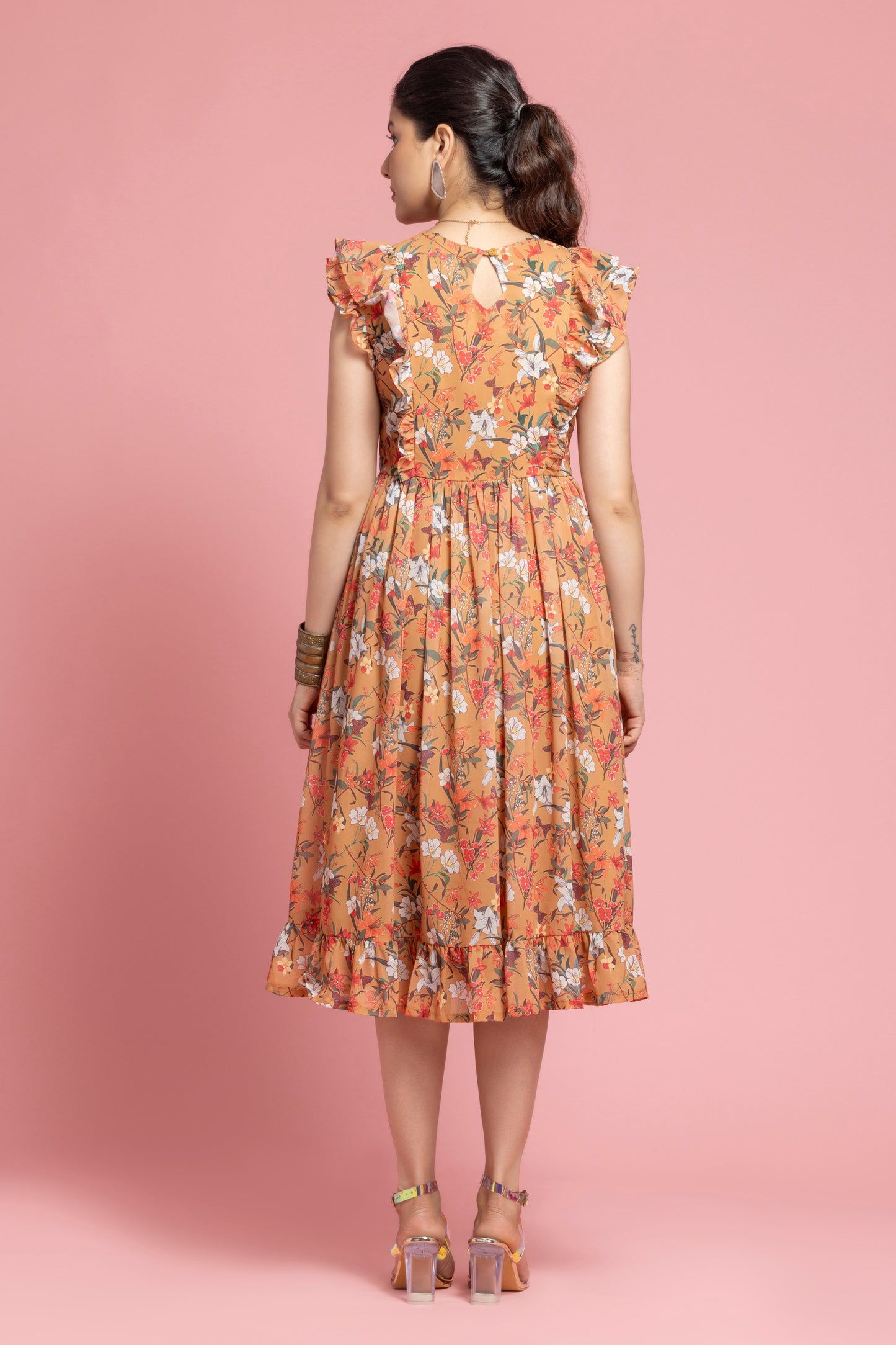 Musturd Color Floral Printed Ruffle Sleeve Dress