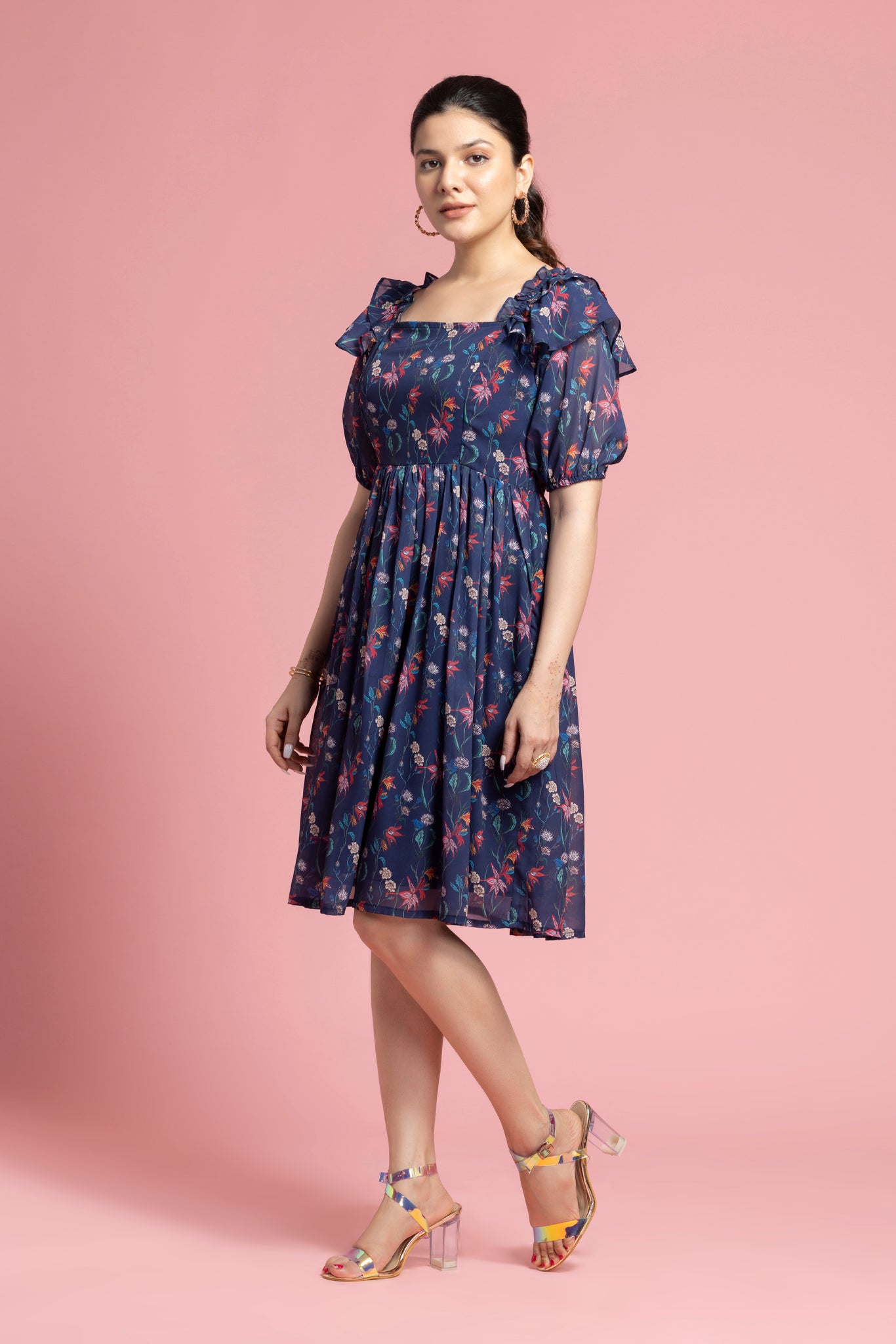Abstract Blue Floral Printed Dress