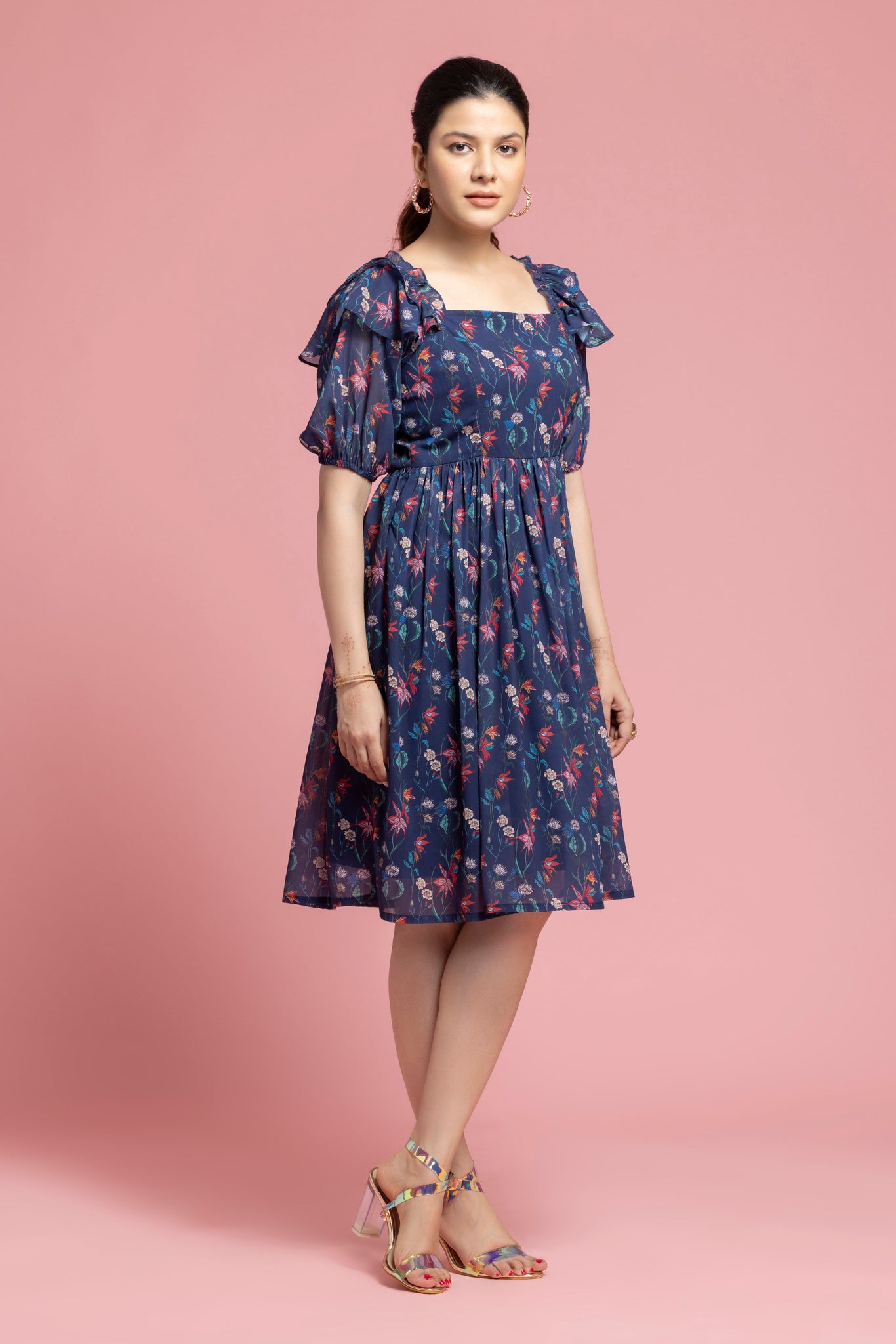 Abstract Blue Floral Printed Dress