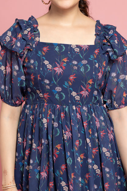Abstract Blue Floral Printed Dress