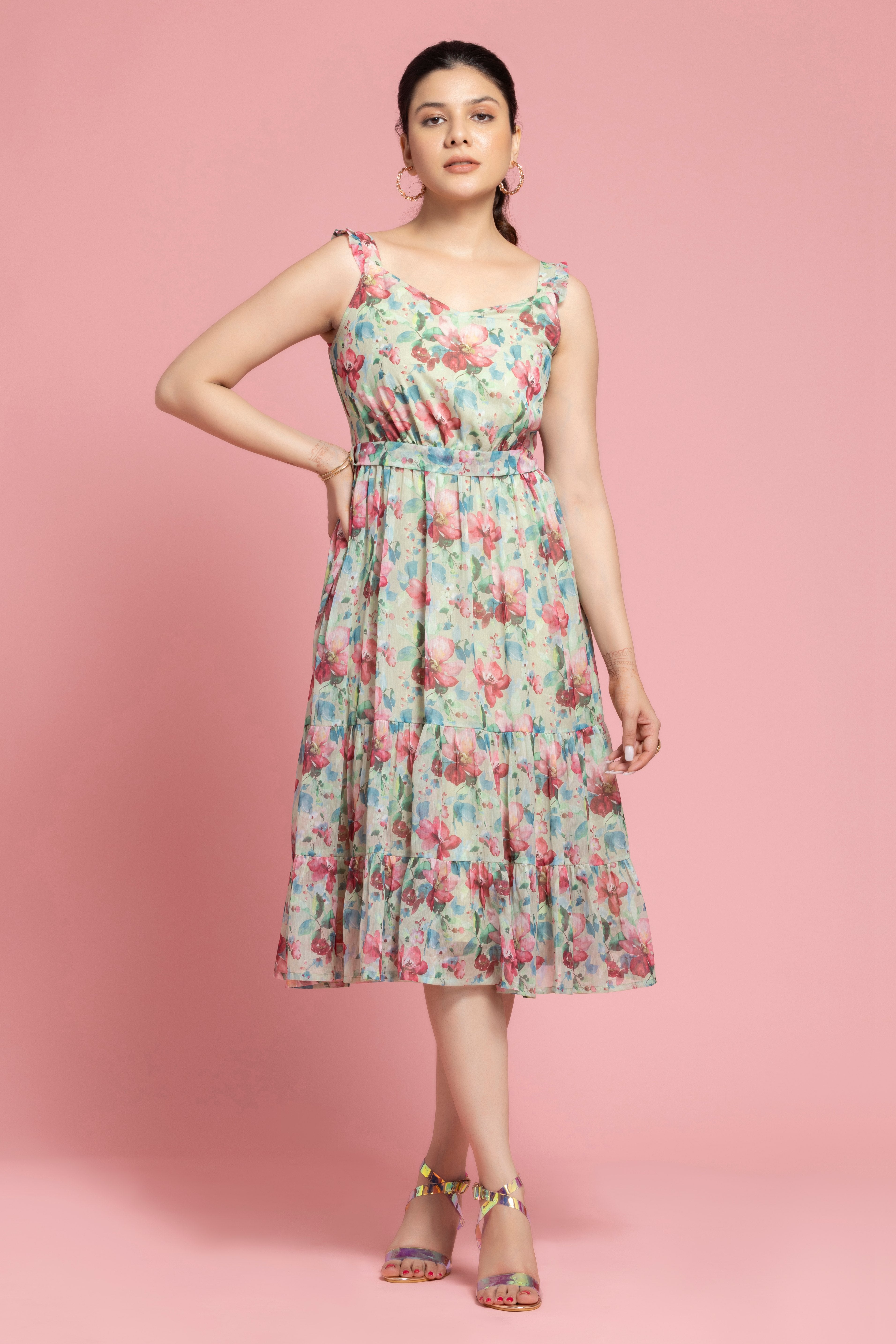 Spring Green Floral Printed Dress