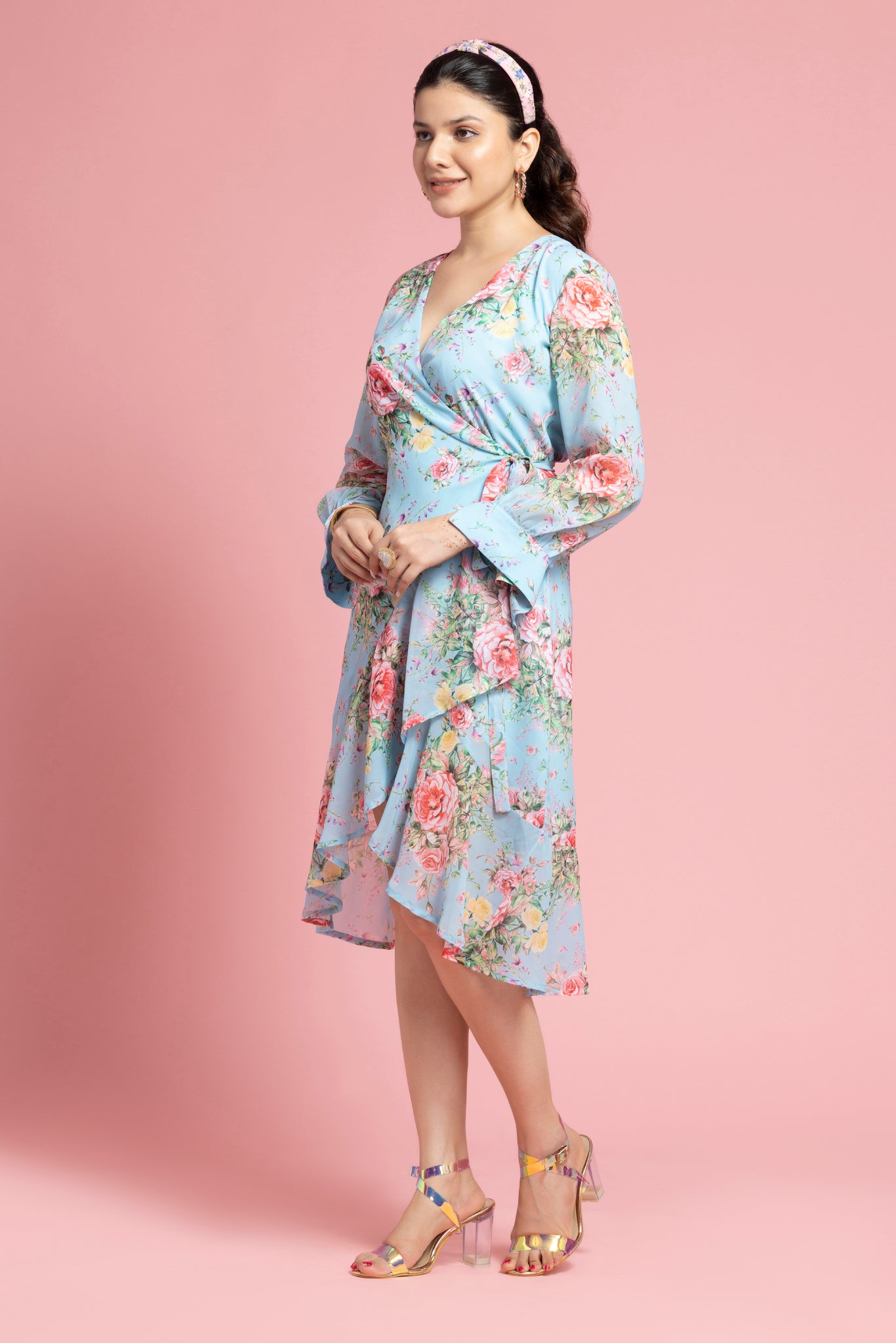 Sky Blue Hutch Georgette Wrap Midi Dress