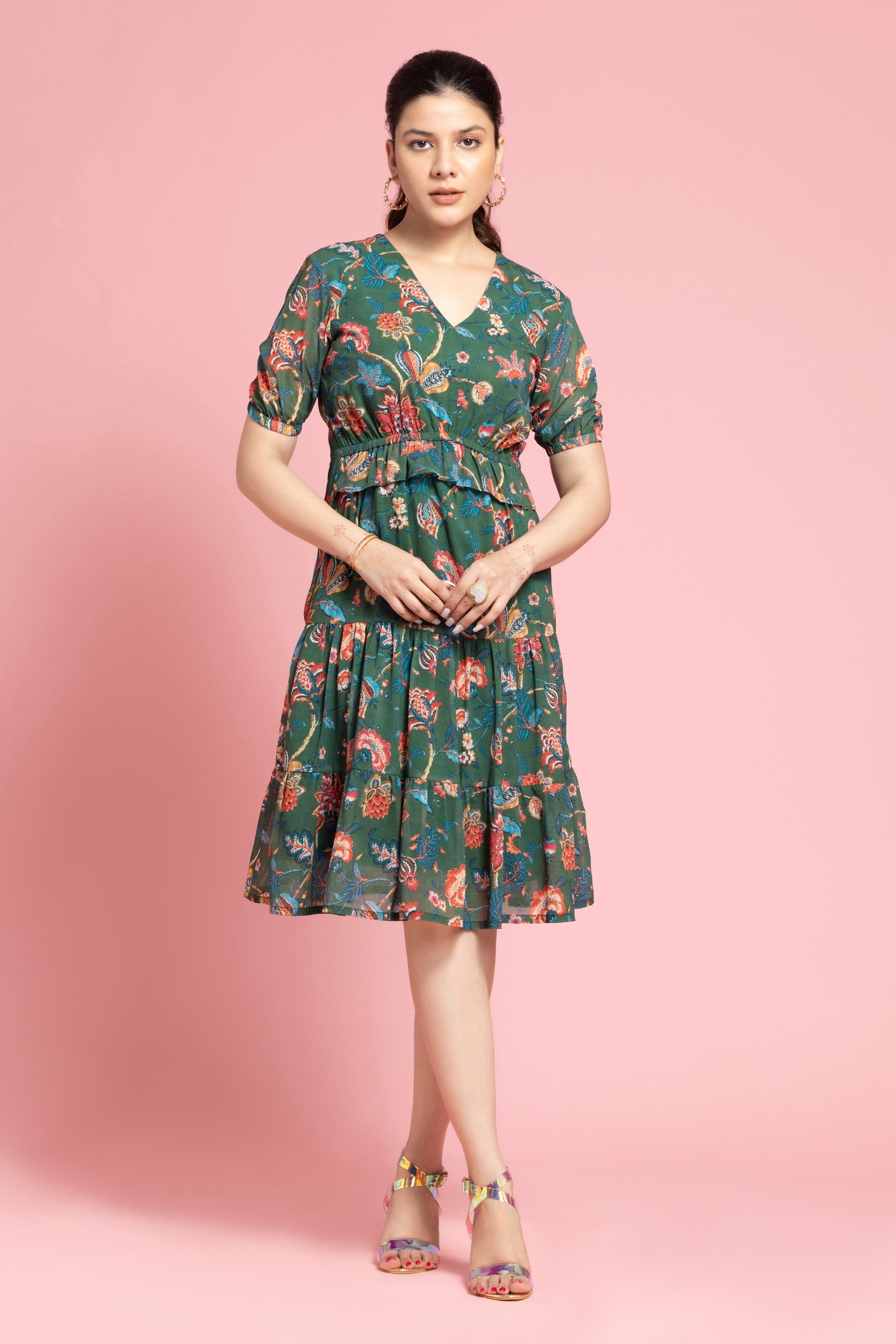 Green Floral Frilled V-Neck Dress