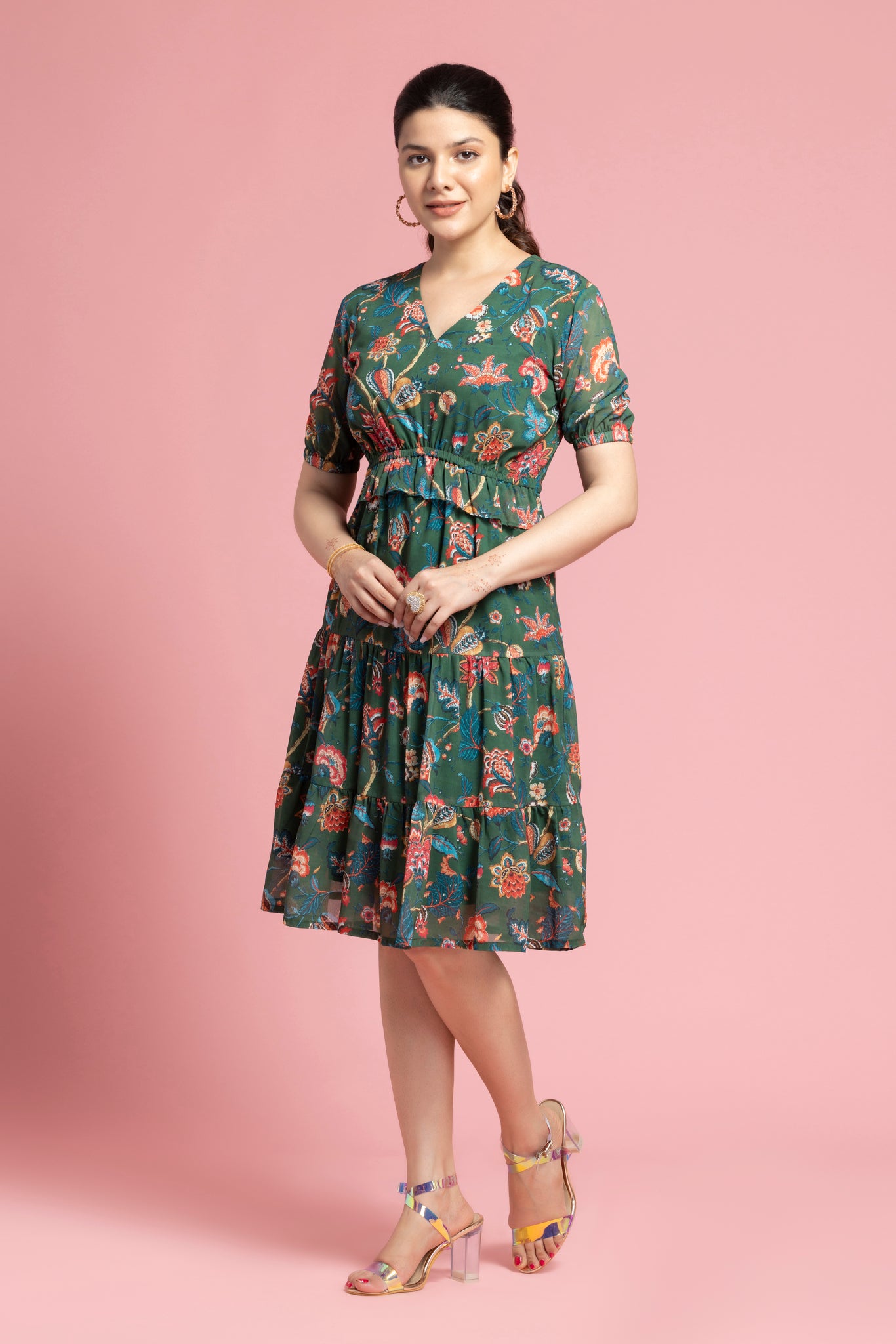 Green Floral Frilled V-Neck Dress