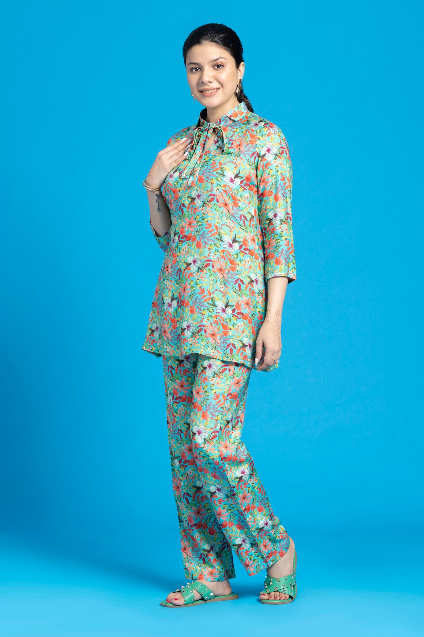 Beautiful Green Spring Floral Printed Co-Ords Set