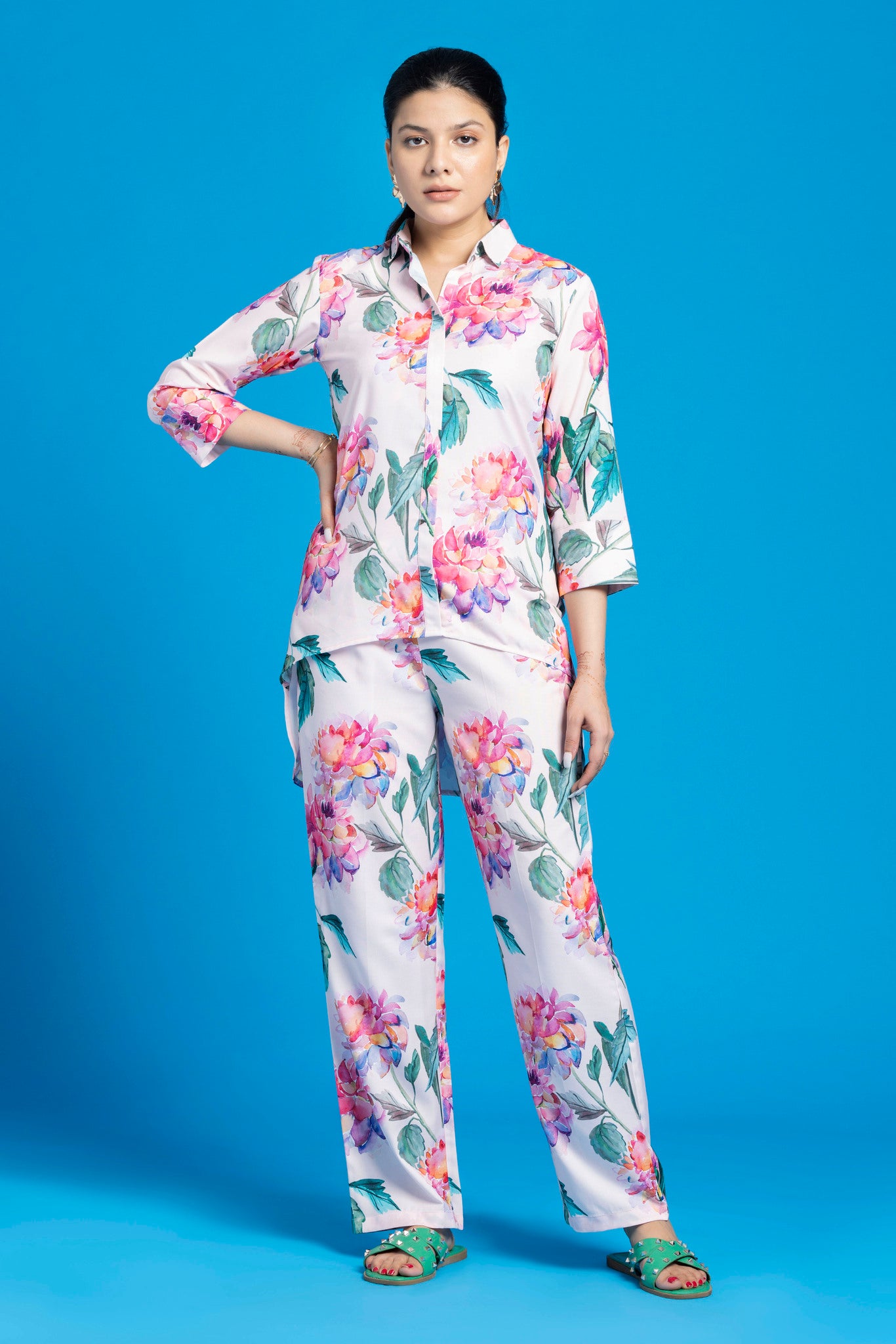 Classy White Floral Printed Co-Ords Set