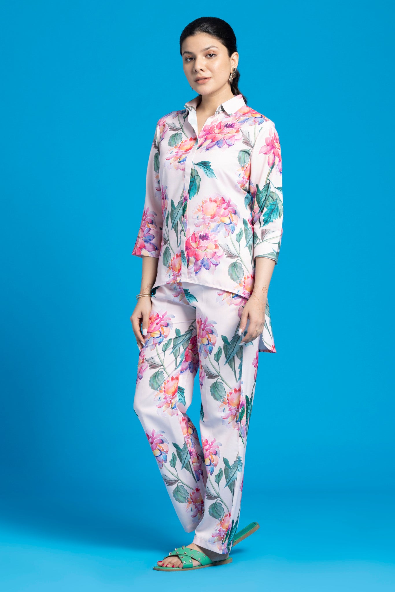 Classy White Floral Printed Co-Ords Set