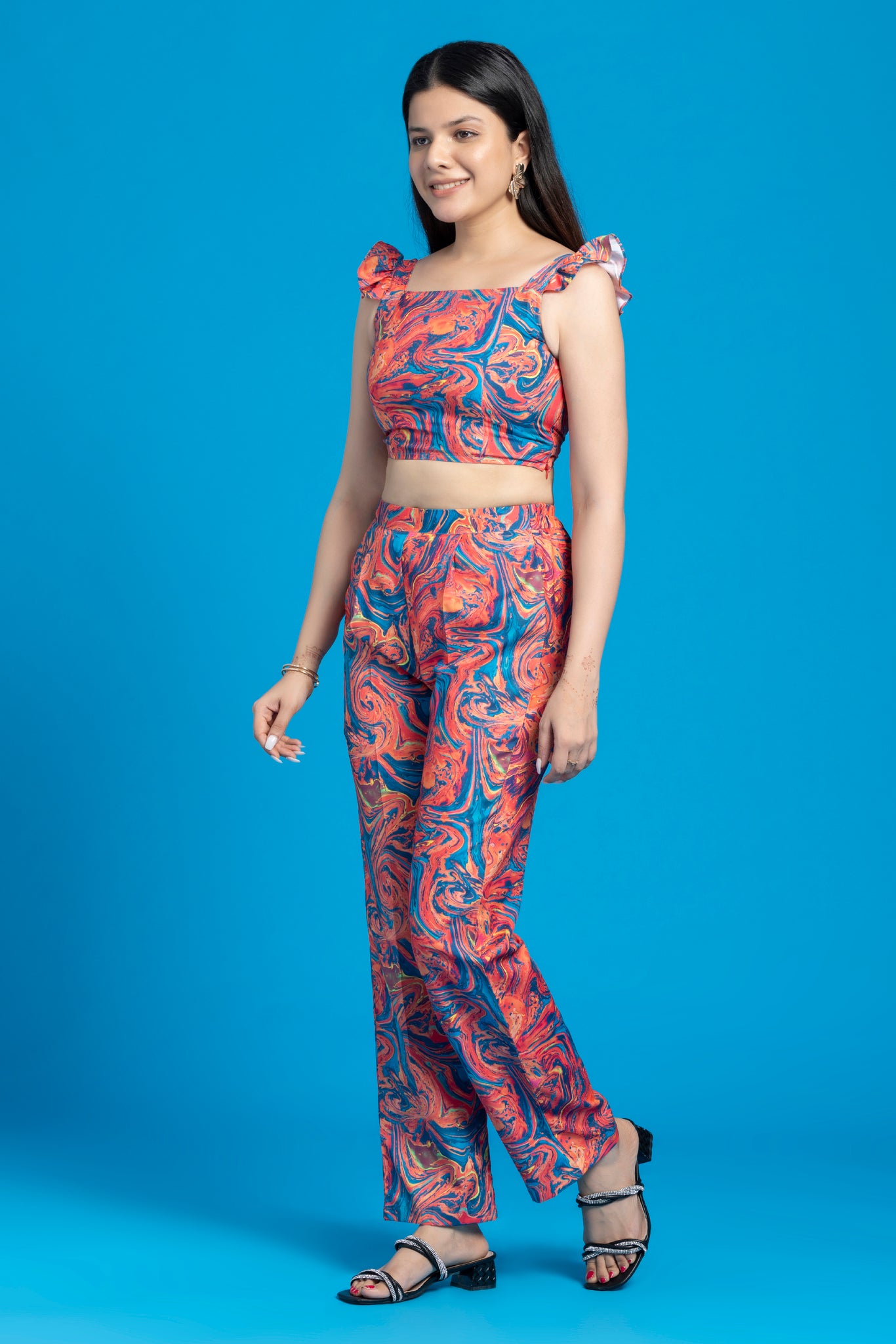 Marble Printed Crop-Top With Trouser Set