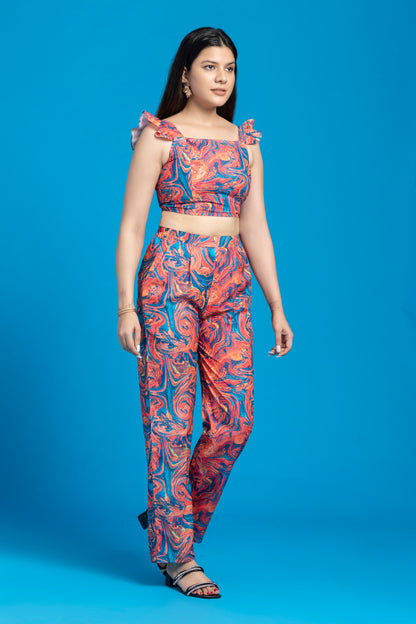Marble Printed Crop-Top With Trouser Set